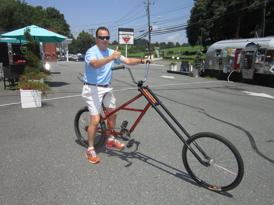 Kevin Leonard on the Mock Orange Bikes Chopper. Kevin cruised around on the chopper with ease. Looking Good!