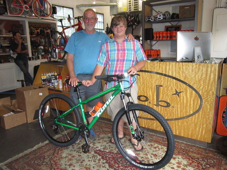 Peter and Jackson with Jackson’s new Kona Lava Dome. Jackson is going to commute to work and enjoy just for fun rides on his new Kona Bicycle. Looking Good!