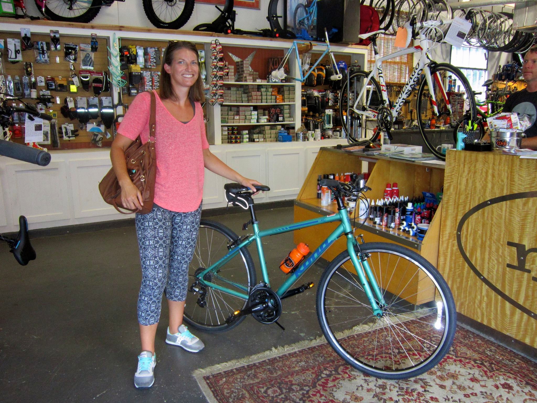 Erin with her new Kona Dew. She is ready to ride with friends on her new Kona Bicycle. Looking Good!