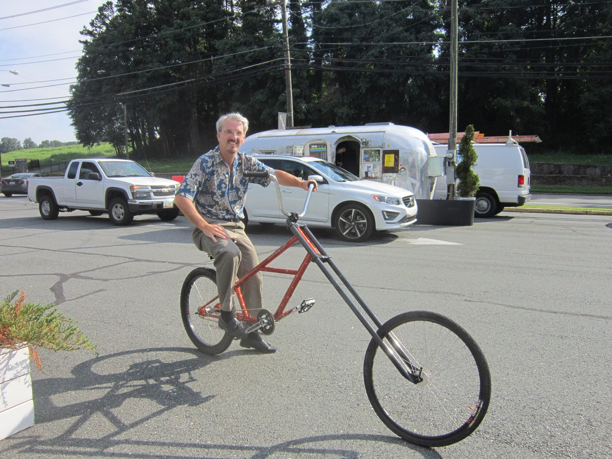 Our friend Doug Meis (The Bicycle Accident Attorney) on the Mock Orange Bikes Chopper. Doug rode the chopper like a pro. Looking Good!