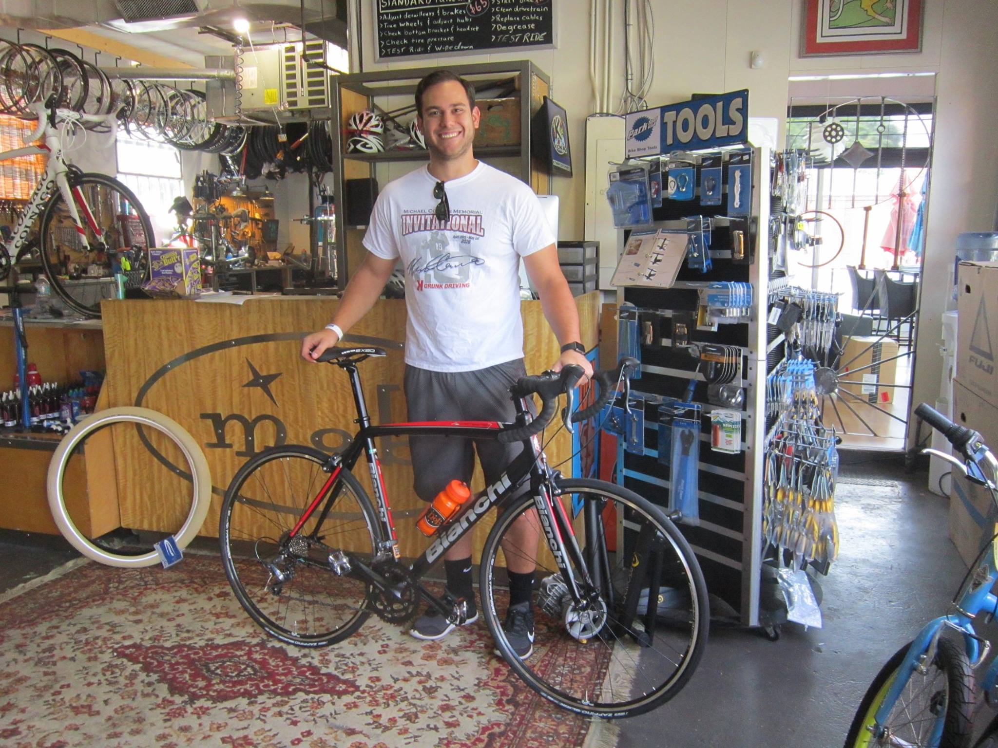 Drew with his new Bianchi Via Nirone 7. Drew jumped on his new Bianchi Bicycle and rode home. Looking Good!