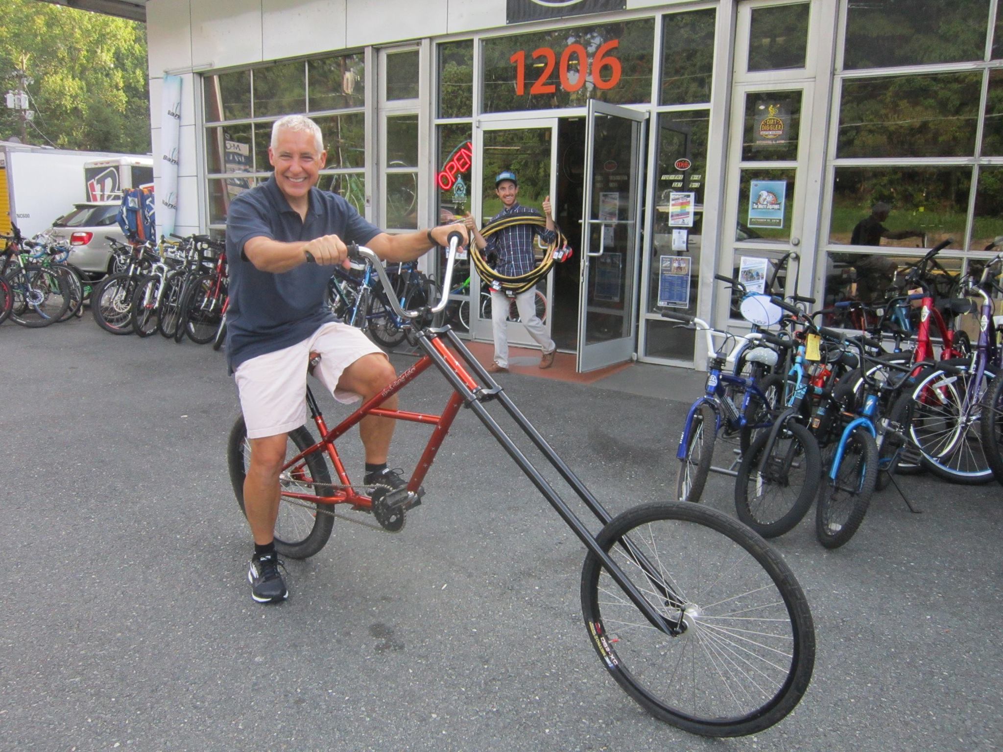 Gordon on the Mock Orange Bikes Chopper. He enjoyed riding this cool bicycle around the parking lot. Looking Good!