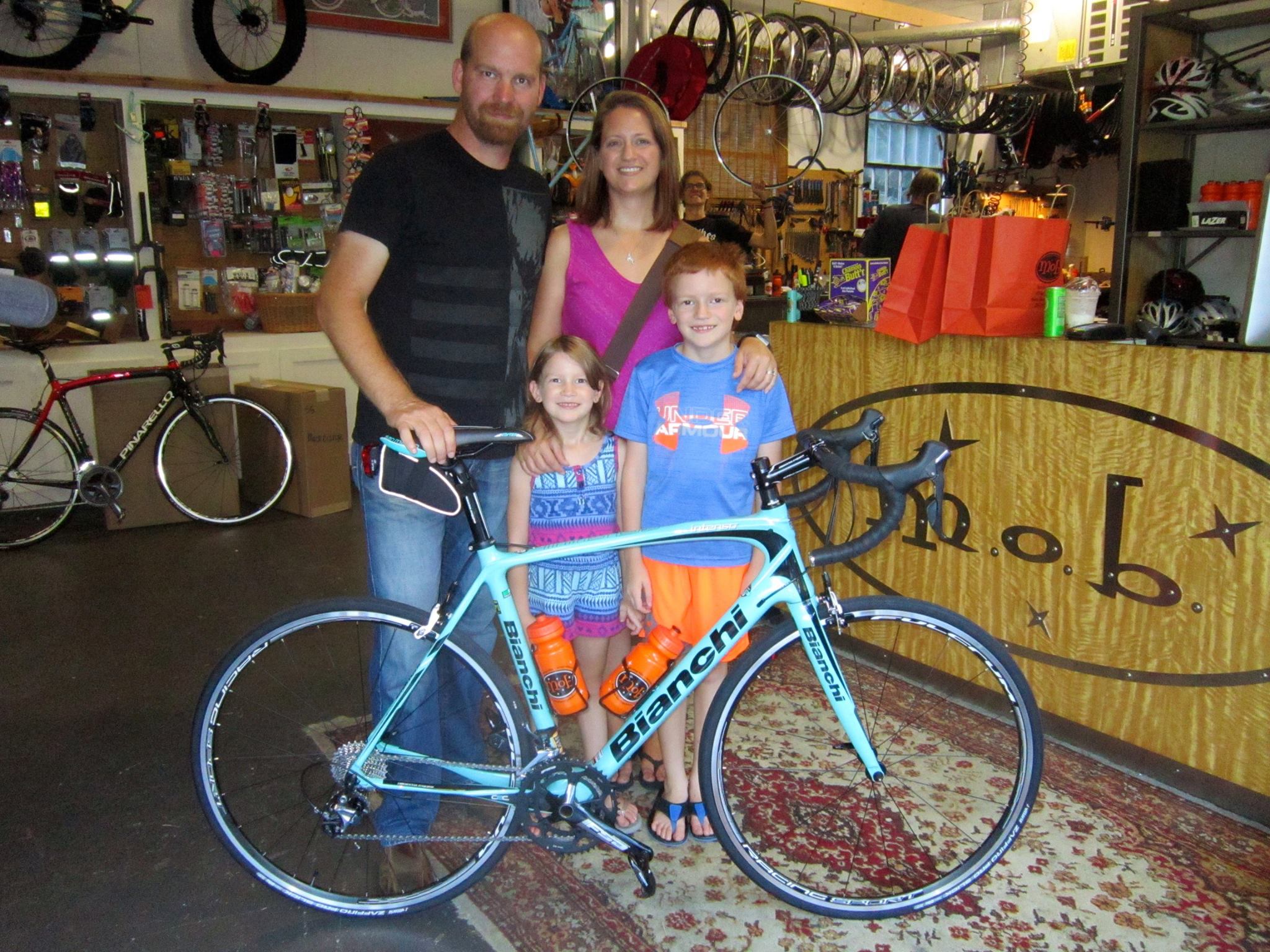 Michael, Lacie, Autumn, and Brice with Michael’s New Bianchi Intenso. Michael and Lacie have both had a great summer riding their Bianchi bicycles. Michael will enjoy the smooth efficiency of his new Bianchi Intenso Bicycle. Keep on riding Michael and Lacie. Looking Good!