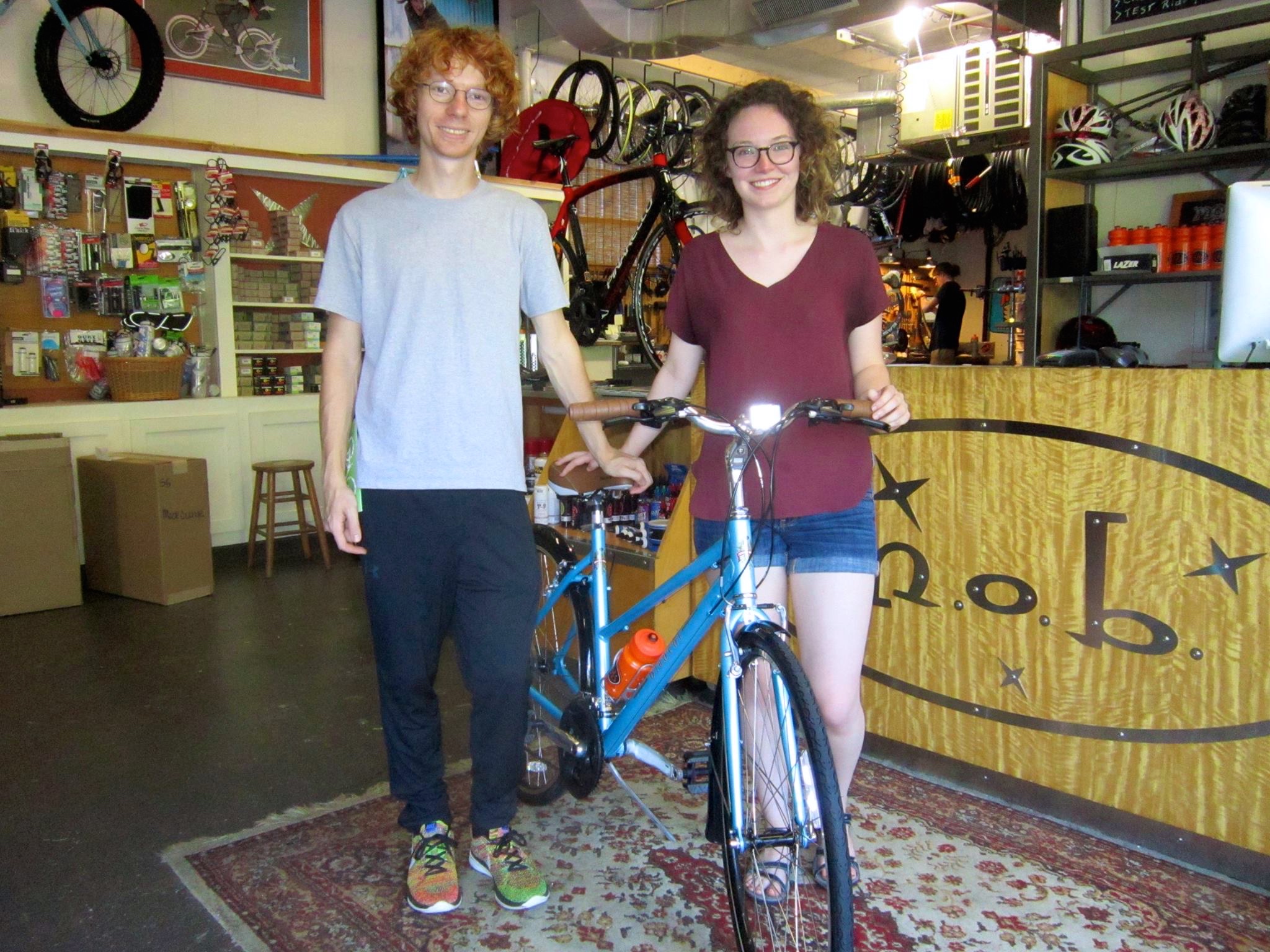 Keenan and Katie with Katie’s new Bianchi Torino. Katie had fenders installed on her beautiful Bianchi Bicycle. Look for her riding to class and going places around town. Looking Good!